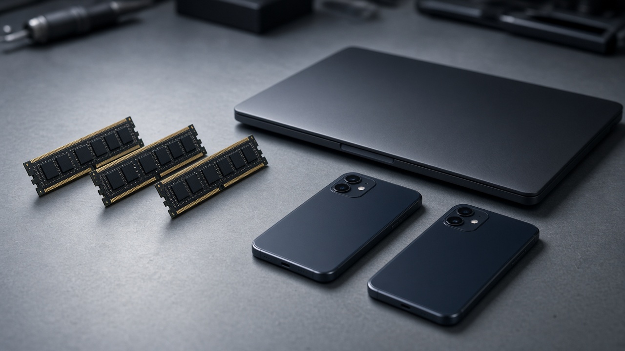 Memory modules, a closed laptop, and two phones on a workbench
