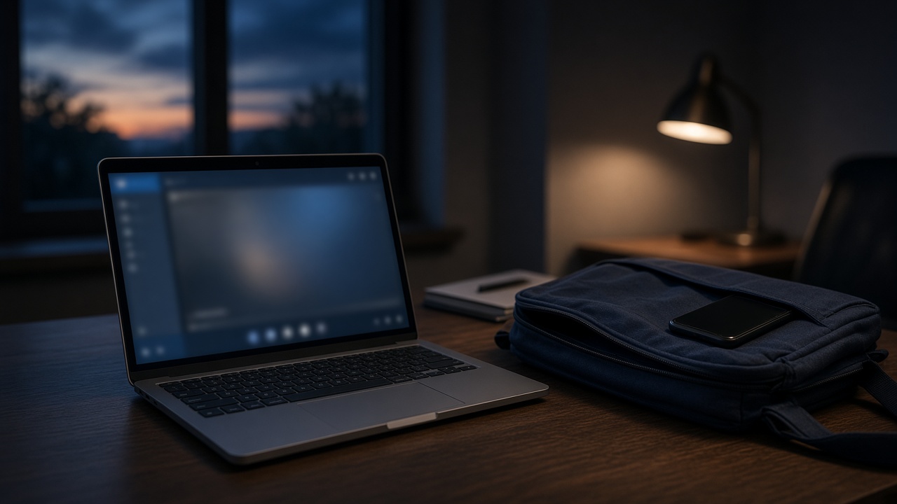 Laptop left open beside a packed bag at dusk